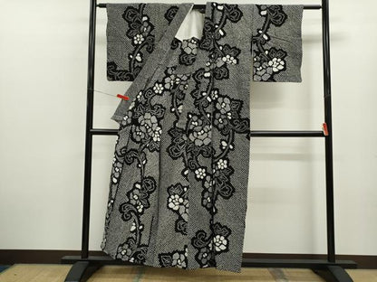 平和屋着物∴夏物　浴衣　有松鳴海絞り　花唐草文　黒地　綿　逸品　CABL8039ze