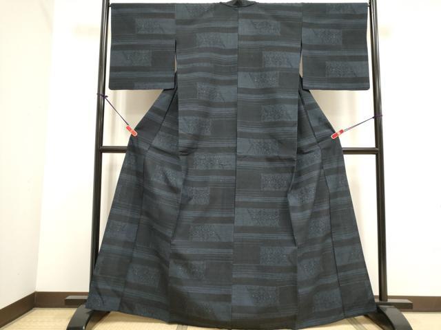 平和屋着物▽結城紬　単衣　横段花唐草文　正絹　逸品　DABJ4444cd