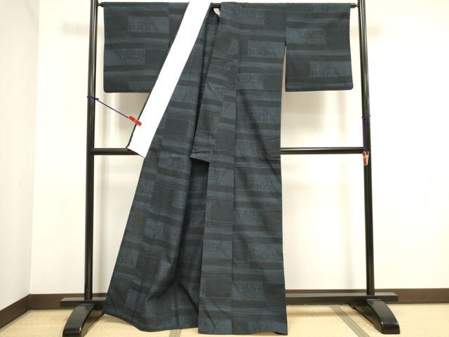 平和屋着物▽結城紬　単衣　横段花唐草文　正絹　逸品　DABJ4444cd