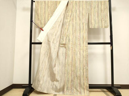平和屋着物▽上質な小紋　単衣　紬地　更紗花間道　正絹　逸品　DABJ4452cd