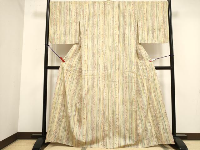 平和屋着物▽上質な小紋　単衣　紬地　更紗花間道　正絹　逸品　DABJ4452cd