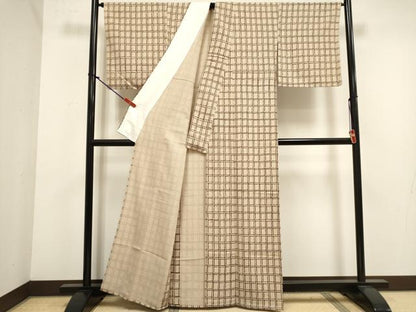 平和屋着物▽上質な小紋　単衣　変わり格子　お召縮緬　正絹　逸品　DABJ4483cd