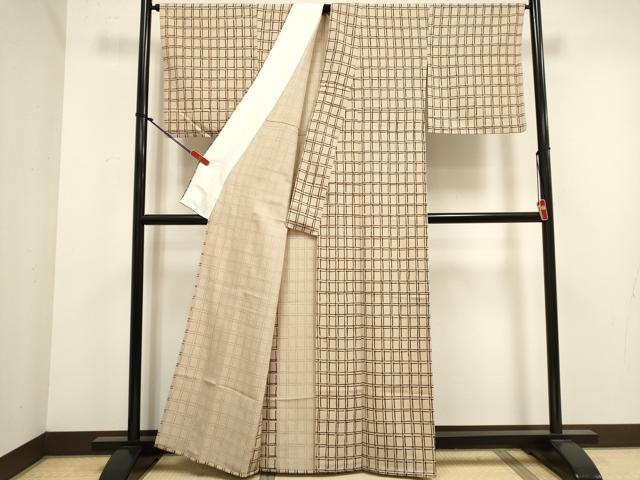 平和屋着物▽上質な小紋　単衣　変わり格子　お召縮緬　正絹　逸品　DABJ4483cd