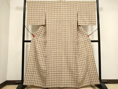 平和屋着物▽上質な小紋　単衣　変わり格子　お召縮緬　正絹　逸品　DABJ4483cd