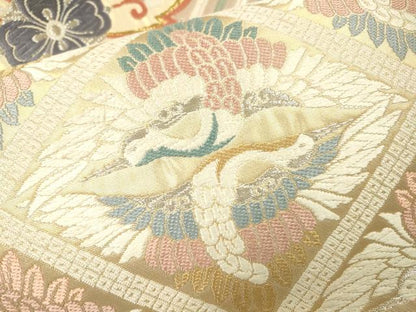 平和屋着物▼六通柄袋帯　唐織　双鶴花菱文　金銀糸　正絹　逸品　DABJ7114fe