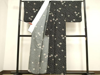 平和屋着物▽小紋　単衣　舞花文　黒地　洗える着物　DABJ4500cd