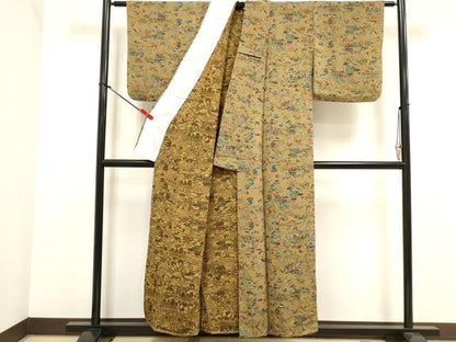 平和屋着物▽上質な小紋　単衣　型染め　風景花蝶文　鬼しぼ縮緬　正絹　逸品　DABJ4511cd