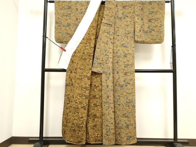 平和屋着物▽上質な小紋　単衣　型染め　風景花蝶文　鬼しぼ縮緬　正絹　逸品　DABJ4511cd