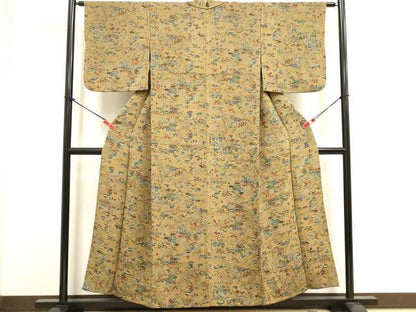 平和屋着物▽上質な小紋　単衣　型染め　風景花蝶文　鬼しぼ縮緬　正絹　逸品　DABJ4511cd
