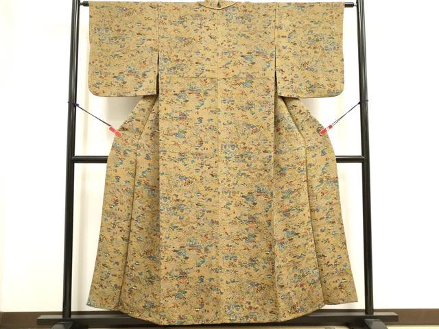 平和屋着物▽上質な小紋　単衣　型染め　風景花蝶文　鬼しぼ縮緬　正絹　逸品　DABJ4511cd