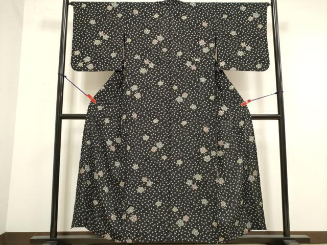 平和屋着物▽小紋　単衣　舞花文　黒地　洗える着物　DABJ4500cd