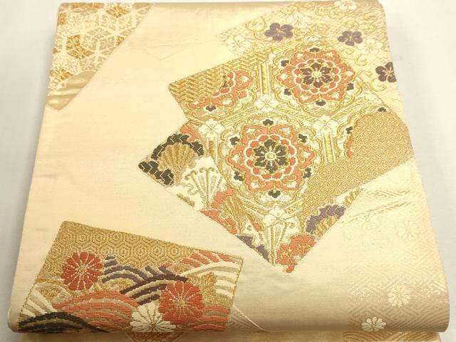平和屋本店▼全通柄袋帯　唐織　色紙花文　本金二丁箔　正絹　逸品　DABJ6087sf