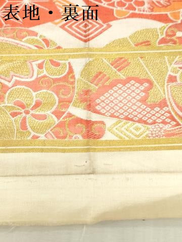 平和屋着物[]アンティーク　大正ロマン　女の子　子供　丸帯　帯反物　檜扇花文　金糸　逸品　DABJ4742zy