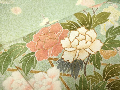 平和屋着物▽訪問着　単衣　駒刺繍　草花文　暈し染め　金彩　ロング丈　正絹　逸品　DABK1033cd