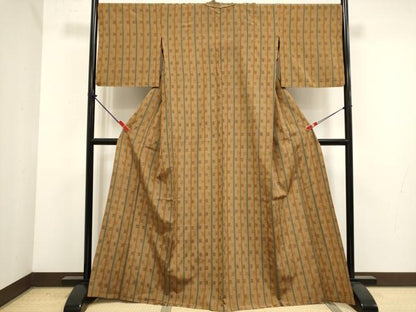 平和屋着物▽上質な紬　単衣　花織　格子間道　正絹　逸品　DABK1043cd