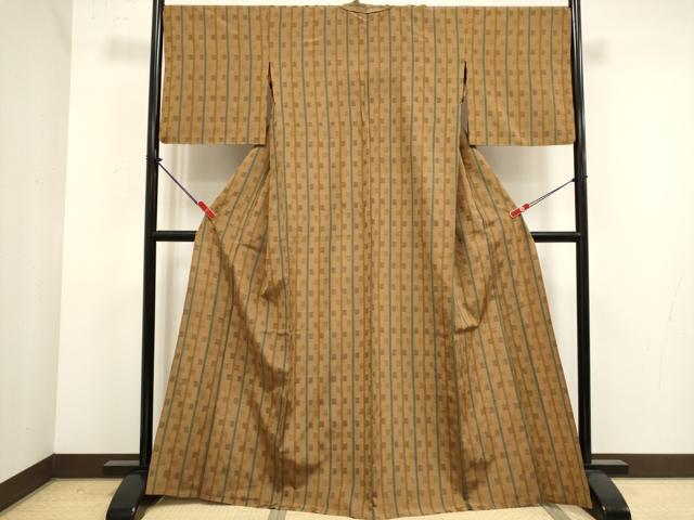 平和屋着物▽上質な紬　単衣　花織　格子間道　正絹　逸品　DABK1043cd