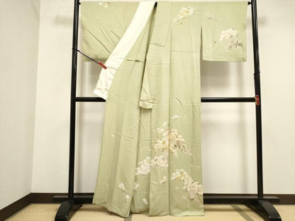 平和屋着物▽訪問着　単衣　作家物　駒刺繍　草花文　金彩　正絹　逸品　DABK1038cd