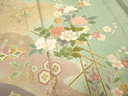 平和屋着物▽訪問着　単衣　駒刺繍　草花文　暈し染め　金彩　ロング丈　正絹　逸品　DABK1033cd