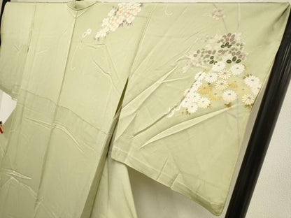 平和屋着物▽訪問着　単衣　作家物　駒刺繍　草花文　金彩　正絹　逸品　DABK1038cd
