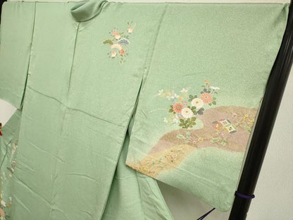 平和屋着物▽訪問着　単衣　駒刺繍　草花文　暈し染め　金彩　ロング丈　正絹　逸品　DABK1033cd