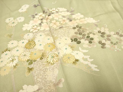 平和屋着物▽訪問着　単衣　作家物　駒刺繍　草花文　金彩　正絹　逸品　DABK1038cd