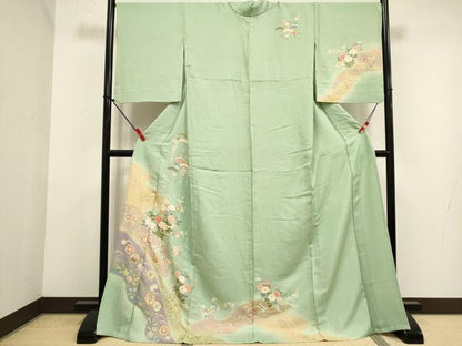 平和屋着物▽訪問着　単衣　駒刺繍　草花文　暈し染め　金彩　ロング丈　正絹　逸品　DABK1033cd