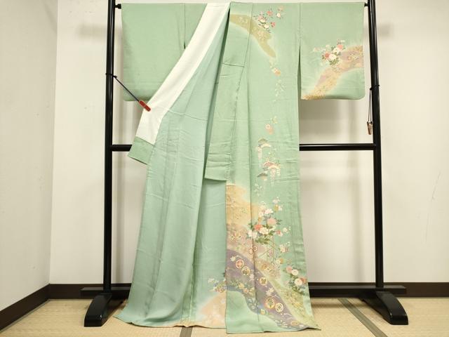 平和屋着物▽訪問着　単衣　駒刺繍　草花文　暈し染め　金彩　ロング丈　正絹　逸品　DABK1033cd