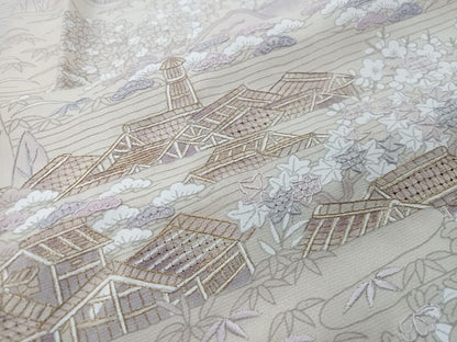 平和屋着物▽中国三大刺繍　汕頭刺繍　スワトウ刺繍　訪問着　単衣　風景文　正絹　逸品　DABF8887sf