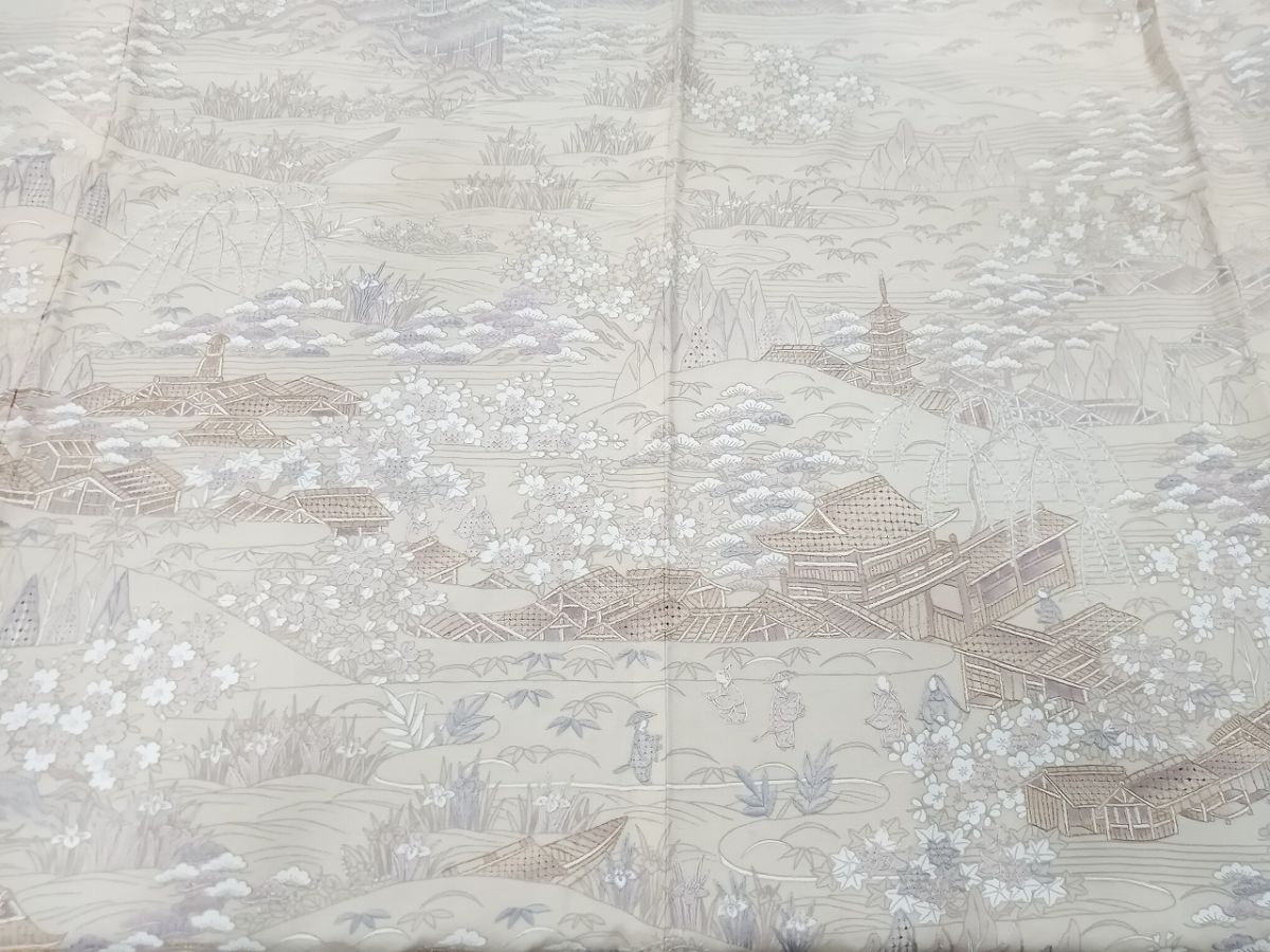 平和屋着物▽中国三大刺繍　汕頭刺繍　スワトウ刺繍　訪問着　単衣　風景文　正絹　逸品　DABF8887sf