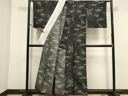 平和屋着物▽小紋　単衣　流水風景文　黒地　洗える着物　DABK1071cd