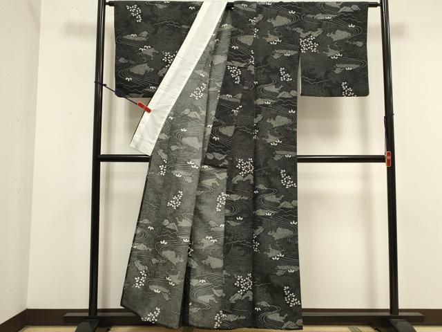 平和屋着物▽小紋　単衣　流水風景文　黒地　洗える着物　DABK1071cd