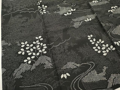 平和屋着物▽小紋　単衣　流水風景文　黒地　洗える着物　DABK1071cd