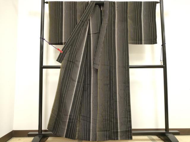 平和屋着物▽小紋　単衣　間道　黒地　洗える着物　DABK1080cd