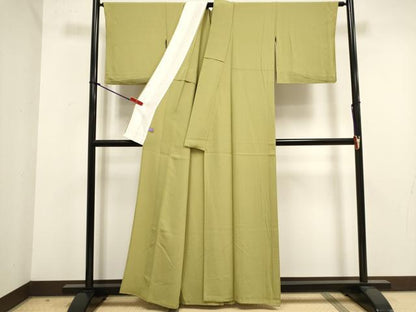 平和屋着物▽上質な色無地　単衣　花友禅　青朽葉色　反端付き　正絹　逸品　DABK1084cd