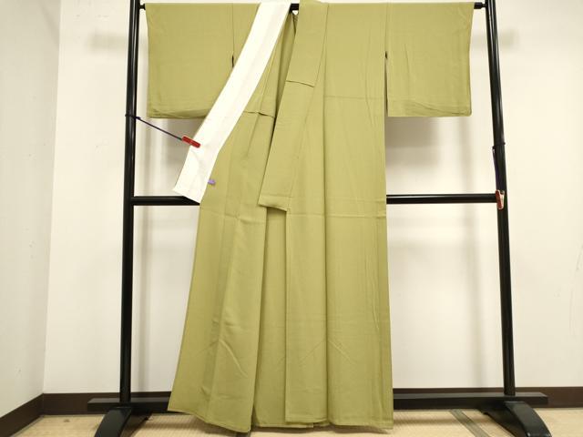 平和屋着物▽上質な色無地　単衣　花友禅　青朽葉色　反端付き　正絹　逸品　DABK1084cd