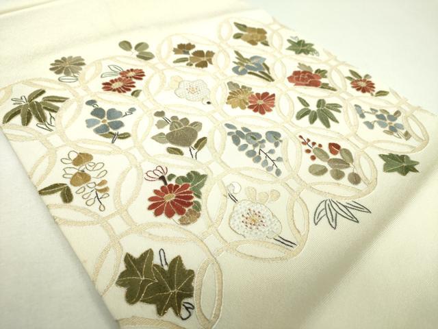 平和屋着物▼中国三大刺繍　相良刺繍　総刺繍　九寸開き名古屋帯　絽刺し　七宝花文　金糸　正絹　逸品　DABJ8002ps