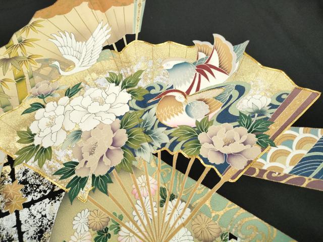 平和屋着物■豪華黒留袖　駒刺繍　扇面飛鶴花文　鴛鴦　牡丹　金銀彩　正絹　逸品　未使用　DABJ5514qa