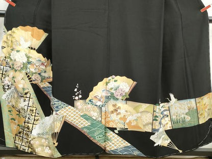 平和屋着物■豪華黒留袖　駒刺繍　扇面飛鶴花文　鴛鴦　牡丹　金銀彩　正絹　逸品　未使用　DABJ5514qa