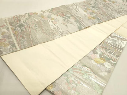 平和屋本店▼六通柄袋帯　九百錦　風景草花文　本金二丁箔　正絹　逸品　DABJ6178sf