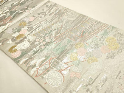 平和屋本店▼六通柄袋帯　九百錦　風景草花文　本金二丁箔　正絹　逸品　DABJ6178sf