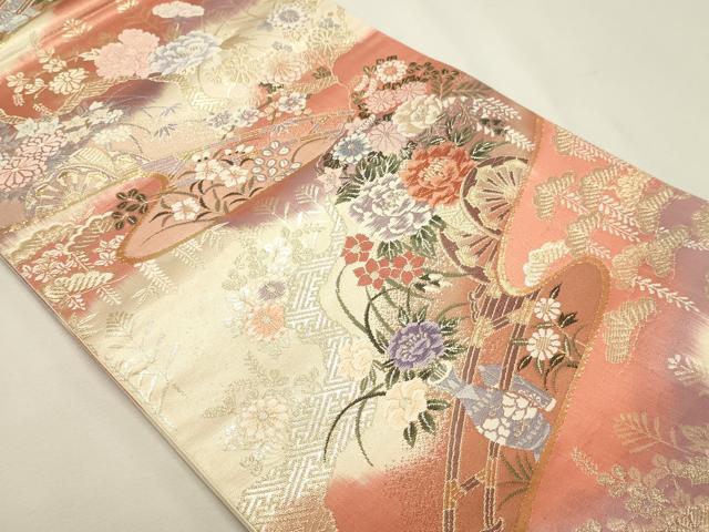 平和屋本店▼六通柄袋帯　唐織　花鳥錦　純金箔二重織　正絹　逸品　	 DABJ6161sf