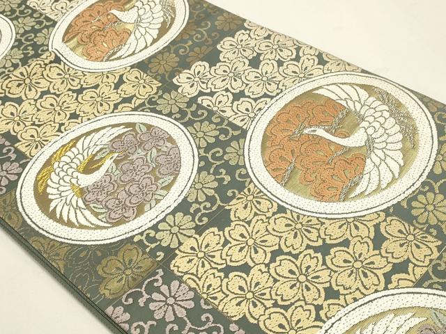 平和屋本店▼六通柄袋帯　唐織　飛鶴花丸文　プラチナ本金　正絹　逸品　DABJ6192sf