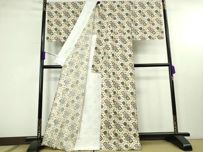 平和屋本店▽極上　本場琉球紅型　小紋　単衣　紬地　花蝶丸文　証紙付き　逸品　未使用　DZAB4179kh6