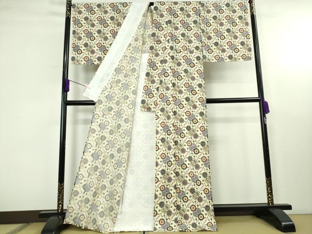 平和屋本店▽極上　本場琉球紅型　小紋　単衣　紬地　花蝶丸文　証紙付き　逸品　未使用　DZAB4179kh6