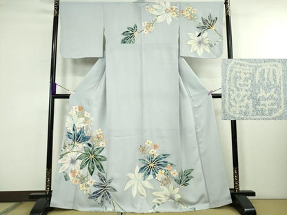 平和屋本店●極上　染刺工芸　大羊居　東京友禅　訪問着　刺繍　草花文　淡藤色地　金糸　逸品　DZAB4040kh6