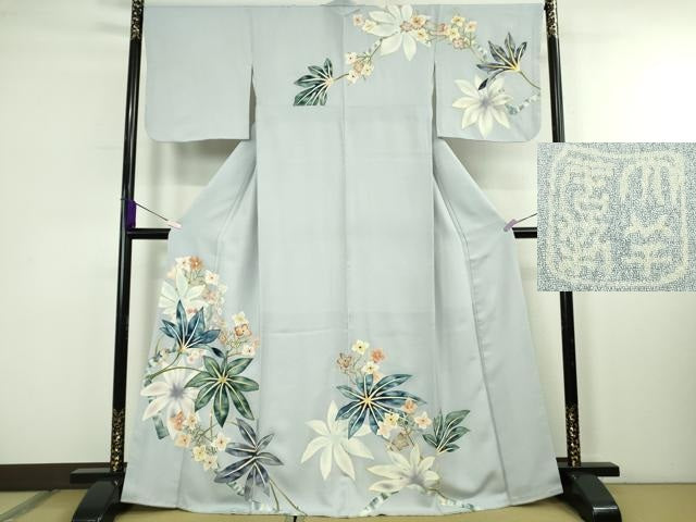 平和屋本店●極上　染刺工芸　大羊居　東京友禅　訪問着　刺繍　草花文　淡藤色地　金糸　逸品　DZAB4040kh6