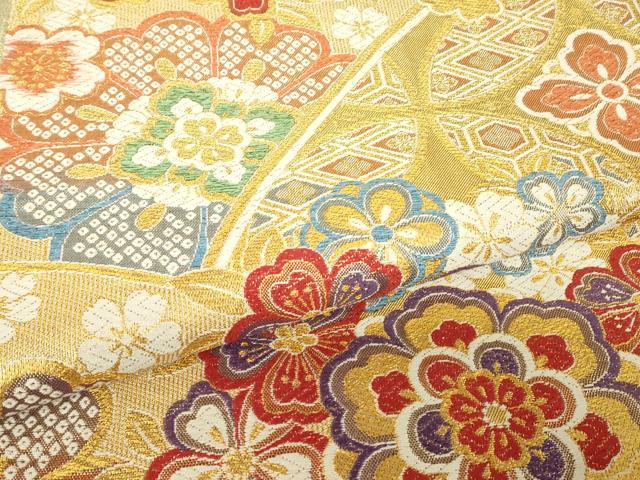 平和屋着物▼六通柄袋帯　正倉院花文　金糸　正絹　逸品　DABJ1625az