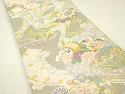 平和屋着物▼六通柄袋帯　宝尽くし吉祥花文　金銀糸　さが美扱い　正絹　逸品　DABJ1637az