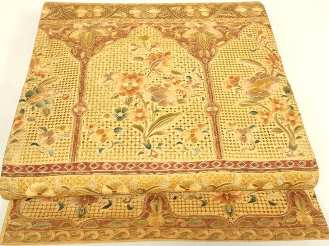 平和屋着物●中国三大刺繍　スワトウ刺繍　汕頭刺繍　総刺繍　太鼓柄袋帯　紬地　草花文　正絹　逸品　DABJ1700az