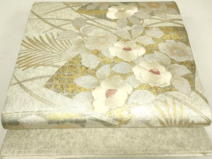 平和屋着物▼佐賀錦　総刺繍　太鼓柄袋帯　駒刺繍　草花文　金銀彩　正絹　逸品　DABJ1694az